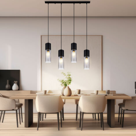 Lampe suspendue lampe de salle à manger lampe de salon lampe de cuisine, 4 flammes, verre métal noir fumé, E27, H 156 cm