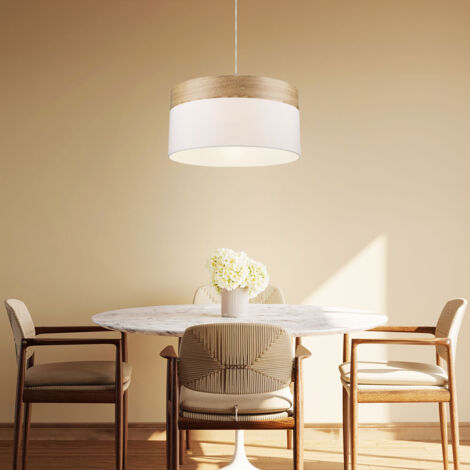 Suspension LED Lampe de salon Lampe suspendue Lampe de table à manger Lampe de cuisine aspect bois, textile blanc, 9W 810lm blanc chaud, DxH 40x120 cm