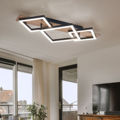 Plafonnier LED lampe de salon plafonnier lampe de salle à manger lampe de cuisine, métal plastique aspect bois noir, 24W 1400lm 3000K blanc chaud, W 31 cm