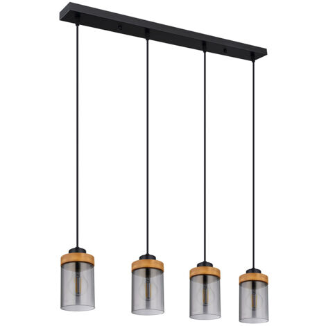 Lampe à suspension lampe de salon lampe suspendue lampe de salle à manger lampe de cuisine, métal bois verre fumée noir, 4 ampoules, E27, L 82 cm