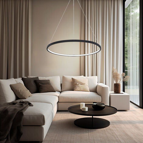 Lampe suspendue anneau rond lampes LED salon suspendu moderne, en métal en opale noir mat, 1x LED 19W 800Lm blanc chaud, DxH 38,5x120 cm