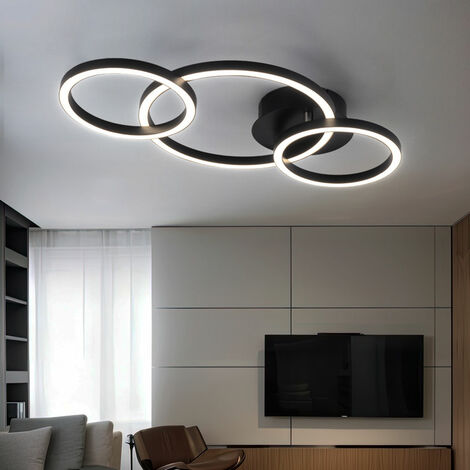 Globo – Plafonnier LED 3 anneaux – Métal noir et acrylique – 760 lumens, 24W, blanc chaud, 3000K – Dimensions 55x30x7 cm