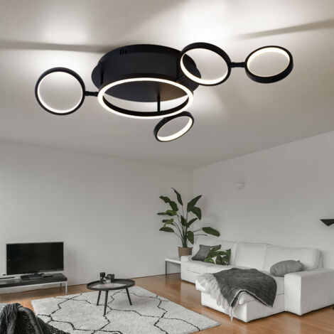 Plafonnier noir LED Lampe de salon Plafonnier design Anneaux réglables, métal noir mat, 29W 1360lm blanc chaud, LxH 79 x 11,5 cm (1/5)