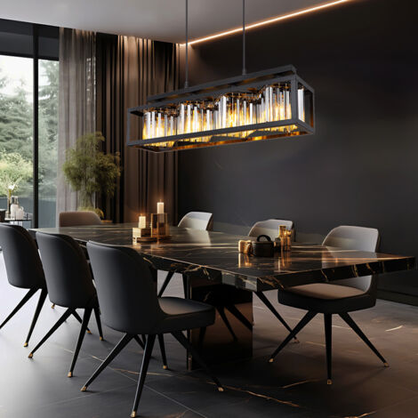 Suspension LED noire 4 flammes – Métal et verre – Douilles E27 – Dimensions LxH 68 x 120 cm – Lumière blanc chaud 3000K