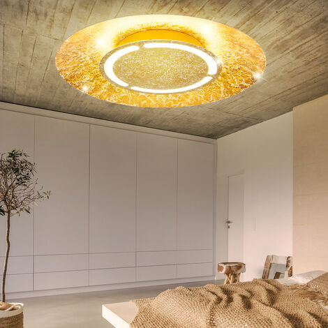 Plafonnier plafonnier lampe de salon lampe de salle à manger lampe de chambre, métal doré opale blanc, LED 24W 1400Lm blanc chaud, DxH 50x8,6cm