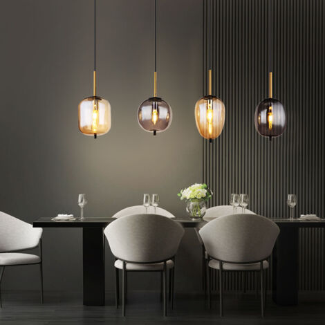 Lampe suspendue suspension lampe suspension lampe de table à manger, 4 ampoules métal noir ambre fumé, douilles E14, LxlxH 110x18,5x120cm (1/5)