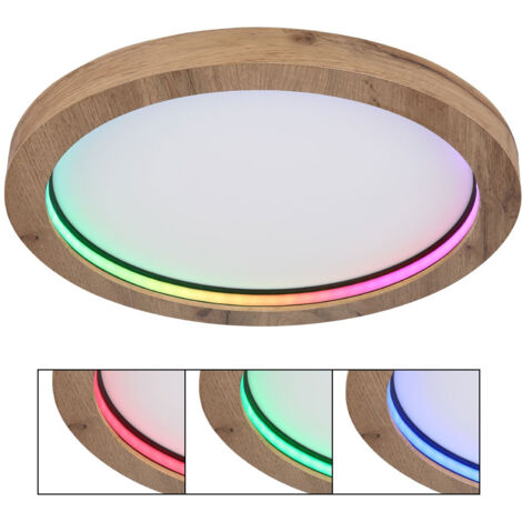 Plafonnier salon lumière salle à manger lampe chambre lampe cuisine lumière, métal MDF aspect bois, télécommande dimmable effet arc-en-ciel, RGB LED 24W 1450Lm 2700-6000K, D 40 cm