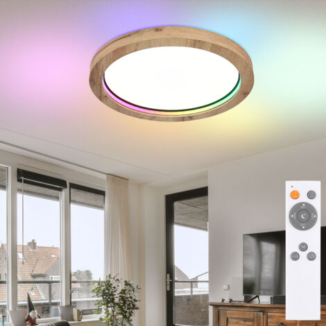 Plafonnier salon lumière salle à manger lampe chambre lampe cuisine lumière, métal MDF aspect bois, télécommande dimmable effet arc-en-ciel, RGB LED 24W 1450Lm 2700-6000K, D 40 cm