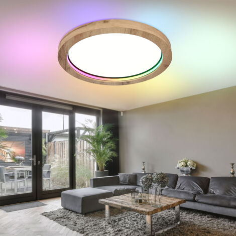 Plafonnier salon lumière salle à manger lampe chambre lampe cuisine lumière, métal MDF aspect bois, télécommande dimmable effet arc-en-ciel, RGB LED 24W 1450Lm 2700-6000K, D 40 cm