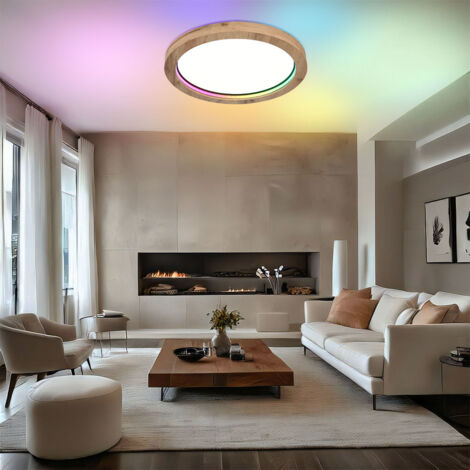 Plafonnier salon lumière salle à manger lampe chambre lampe cuisine lumière, métal MDF aspect bois, télécommande dimmable effet arc-en-ciel, RGB LED 24W 1450Lm 2700-6000K, D 40 cm
