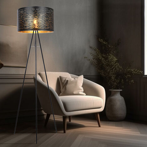Globo – Lampadaire salon 3 pieds en métal et plastique – Couleur noir et or – Hauteur 153 cm – Douille E27 – Pour ampoule LED 40W max (1/5)