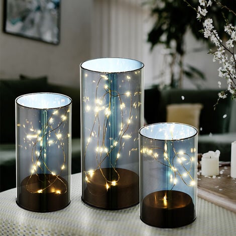 Lampes de table lampe décorative en verre fumé lanterne en verre LED,  interrupteur minuterie, piles, blanc
