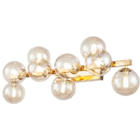 Plafonnier plafonnier lampe de salon boule de verre doré ambre 9 flammes