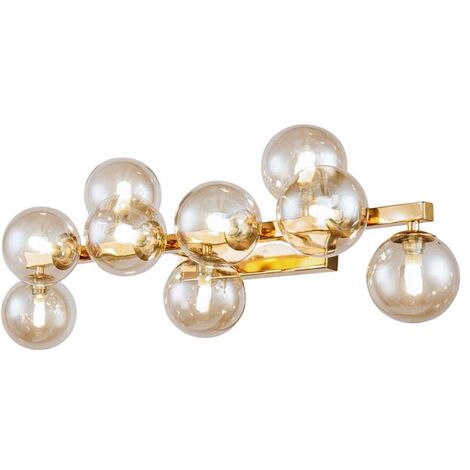 Plafonnier plafonnier lampe de salon boule de verre doré ambre 9 flammes
