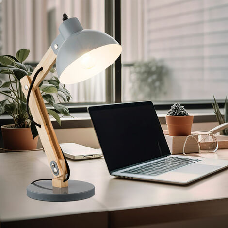 Lampe de table lampe de table lampe d'appoint lampe de lecture lampe de bureau, maison de campagne bois naturel métal gris, 1x douille E27, LxlxH 31x16x42,5cm