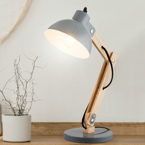 Lampe de table lampe de table lampe d'appoint lampe de lecture lampe de bureau, maison de campagne bois naturel métal gris, 1x douille E27, LxlxH 31x16x42,5cm