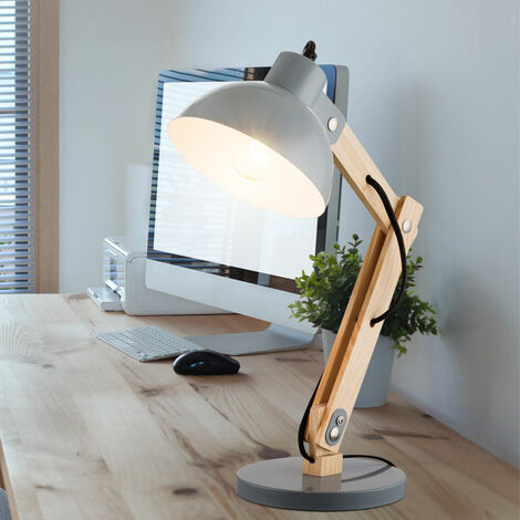 Lampe de table lampe de table lampe d'appoint lampe de lecture lampe de bureau, maison de campagne bois naturel métal gris, 1x douille E27, LxlxH 31x16x42,5cm