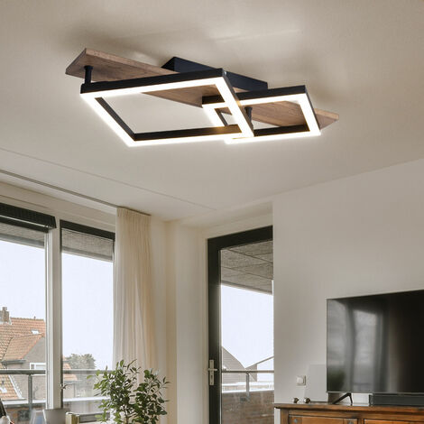 Plafonnier LED lampe design lampe de salon lampe de salle à manger, métal noir aspect bois plastique, 18W 1050lm 3000K blanc chaud, L 47,5 cm