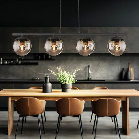 Globo – Plafonnier suspension en verre fumé 90x15cm – Métal noir mat – 4x E27, 230V – Éclairage design pour salon et chambre