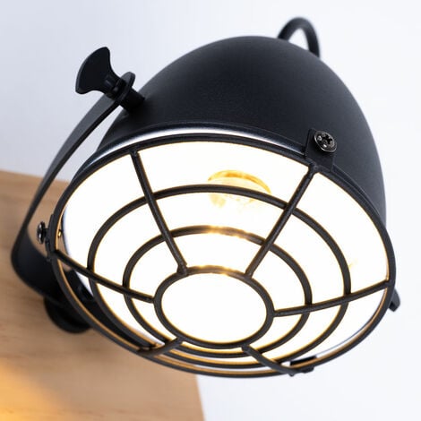 Applique salon applique murale salle à manger lampe industrielle, métal noir bois aspect grille naturelle, spot mobile E14, H 20,5 cm