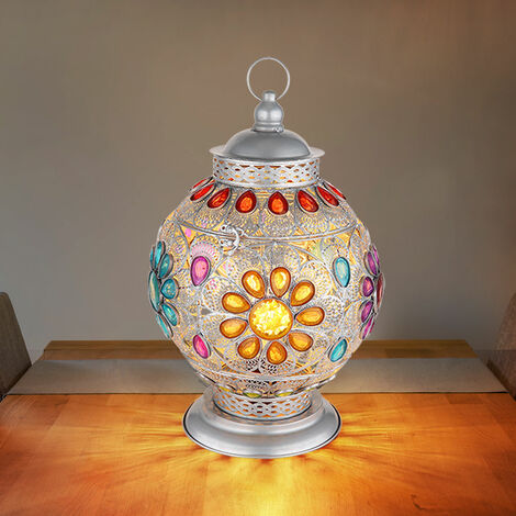 Lampe de table lampe de table lampe de chevet lampe de chambre, métal cristaux acryliques argent oriental, douille E27, DxH 27x39,5cm