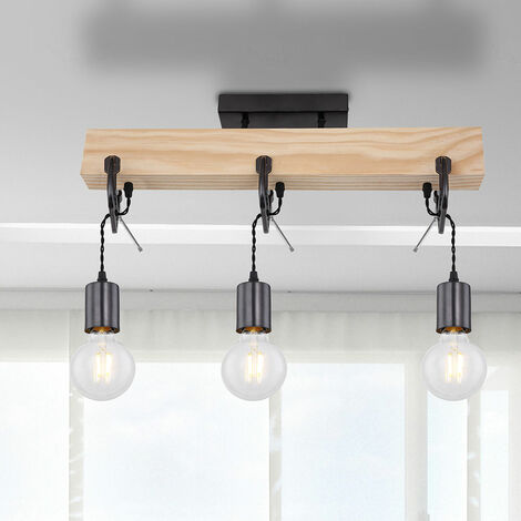 Suspension Luminaire EGLO Blackcrown - Lustre Vintage 3 Lampes En Bois Clair Et Acier, Pour Salle à Manger Ou Salon (70 Cm, Douille E27) - 3