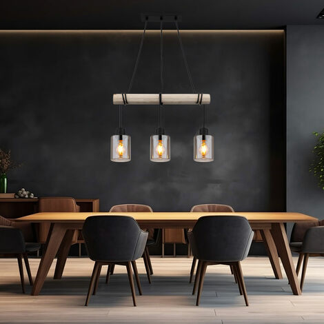 Lampe suspendue Lampe suspendue Lampe suspendue en bois Lampe de salle à manger en bois Lampe suspendue table à manger, verre fumé, 3x E27, LxH 98x130 cm