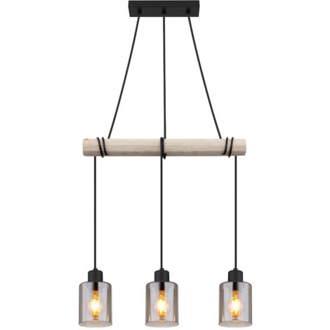 Lampe suspendue Lampe suspendue Lampe suspendue en bois Lampe de salle à manger en bois Lampe suspendue table à manger, verre fumé, 3x E27, LxH 98x130 cm