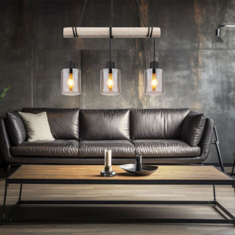Lampe suspendue Lampe suspendue Lampe suspendue en bois Lampe de salle à manger en bois Lampe suspendue table à manger, verre fumé, 3x E27, LxH 98x130 cm