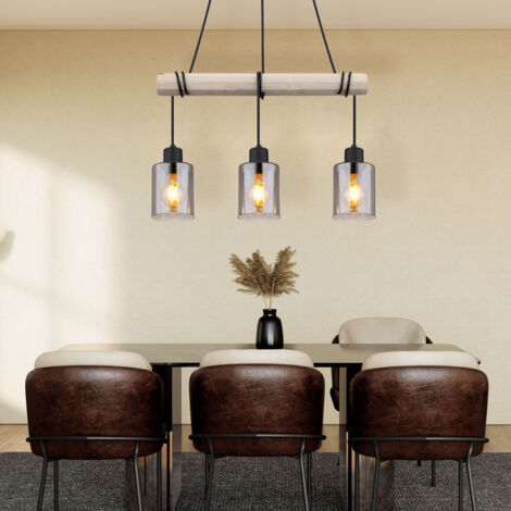 Lampe suspendue Lampe suspendue Lampe suspendue en bois Lampe de salle à manger en bois Lampe suspendue table à manger, verre fumé, 3x E27, LxH 98x130 cm