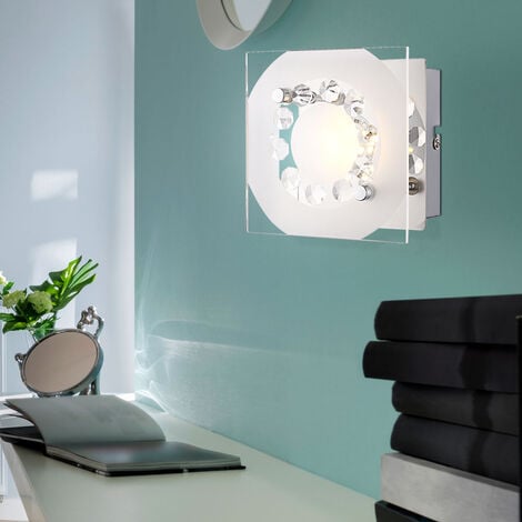 Applique murale applique chambre lampe spot salon, cristal décor cristaux K5, verre chromé clair, 1x LED 4W 320Lm 3100K, HxLxP 9,5x12x12 cm