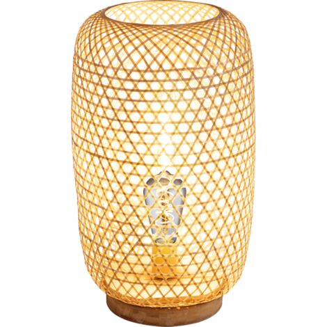 Lampadaire bois clair, abat-jour ovale blanc cassé, triple pied