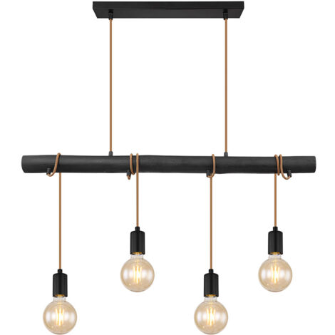 Suspension, suspension, 4 flammes, table à manger, lampe en bois, lampe de salon, métal, noir, 4x douilles E27, LxlxH 90x6x120 cm