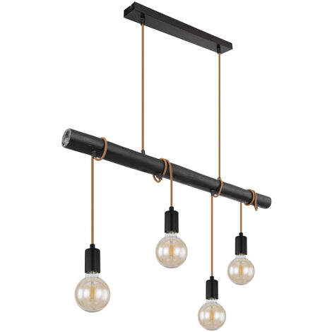 Suspension, suspension, 4 flammes, table à manger, lampe en bois, lampe de salon, métal, noir, 4x douilles E27, LxlxH 90x6x120 cm
