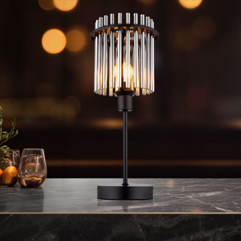 Lampe de table LED Lampe d'appoint Lampe de chambre à coucher Lampe de chevet, métal noir Barres en verre fumé, 1x E14 filament LED blanc chaud, H 37,5 cm