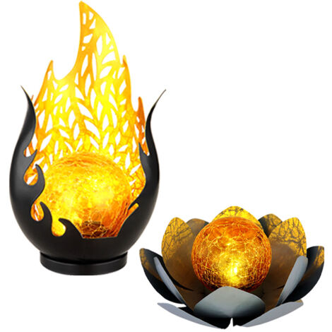 Lampe solaire flamme design extérieur fleur solaire extérieur fleur de lotus solaire verre craquelé, gris, ampoule LED, 1x fleur de lotus 1x flamme design, lot de 2