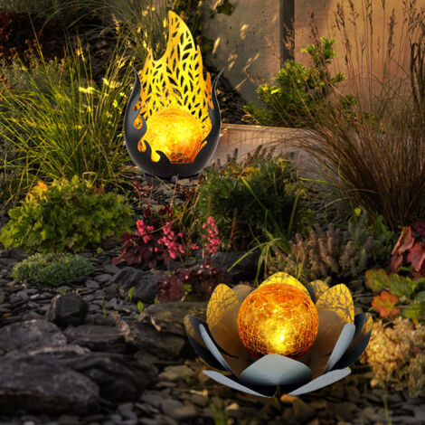 Lampe solaire flamme design extérieur fleur solaire extérieur fleur de lotus solaire verre craquelé, gris, ampoule LED, 1x fleur de lotus 1x flamme design, lot de 2