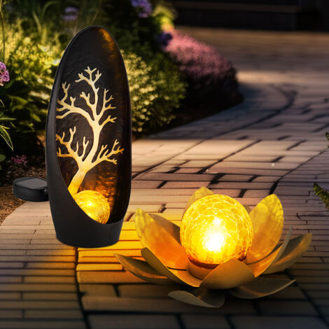 Lampe solaire fleur de lotus lampes décoratives de jardin extérieur lampe solaire extérieure fleur solaire, effet de lumière verre craquelé, 1x fleur de lotus 1x lampadaire, LED blanc chaud, lot de 2 (1/5)
