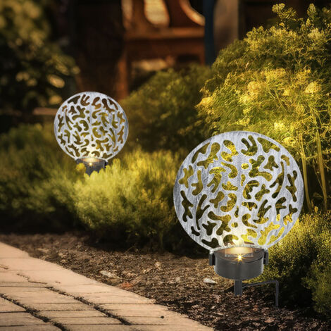 Lampes de décoration de jardin lampes solaires pour jardin extérieur LED décoration de terrasse solaire, point de terre et décor poinçonnages, noir argent antique, 2x LED 3000K, LxH 20x31 cm, lot de 2