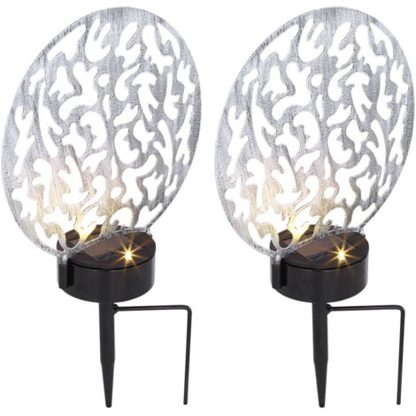 Lampes de décoration de jardin lampes solaires pour jardin extérieur LED décoration de terrasse solaire, point de terre et décor poinçonnages, noir argent antique, 2x LED 3000K, LxH 20x31 cm, lot de 2