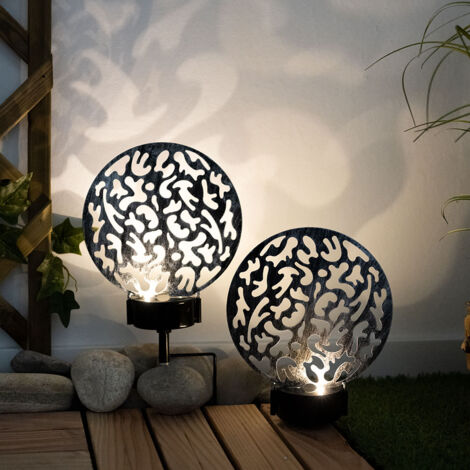 Lampes de décoration de jardin lampes solaires pour jardin extérieur LED décoration de terrasse solaire, point de terre et décor poinçonnages, noir argent antique, 2x LED 3000K, LxH 20x31 cm, lot de 2