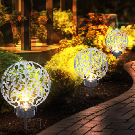 Lampes de décoration de jardin lampes solaires pour jardin extérieur LED décoration de terrasse solaire, point de terre et décor poinçonnages, noir argent antique, 2x LED 3000K, LxH 20x31 cm, lot de 2