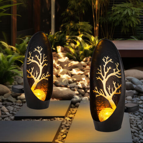 Globo – Lampes solaires décoratives pour extérieur – Métal noir et verre ambre – IP44, 1x LED, 14x7x30cm – Lot de 2 pour éclairage jardin