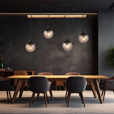 Suspension 4 flammes suspension table à manger lampe en bois lampe de salon en verre à régler, métal plastique, brun noir, 4x douilles E27, LxPxH 95x15x165 cm