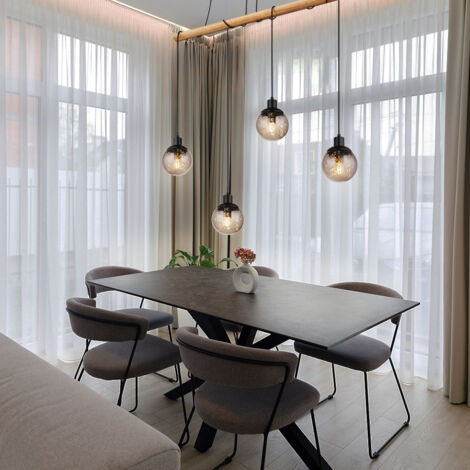 Suspension 4 flammes suspension table à manger lampe en bois lampe de salon en verre à régler, métal plastique, brun noir, 4x douilles E27, LxPxH 95x15x165 cm