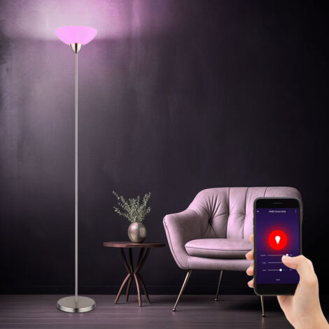 Lampadaire plafonnier nickel mat abat-jour en verre lampadaire opale lampe de salon, métal, contrôle par application CCT dimmable, Smart RGB LED 8,5W 806Lm, DxH 28x180 cm (1/5)
