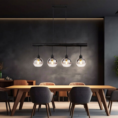 Globo – Lustre suspendu en bois noir – 4 ampoules E27 – Abat-jour en verre fumé – Dimensions 85x15x120 cm – Hauteur réglable avant assemblage