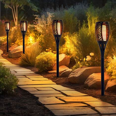 Lampe solaire effet feu torche solaire effet flamme lampe torche lampe de jardin lampe torche noire, plastique, ampoule LED vacillante orange, H 78 cm, lot de 4 (1/5)