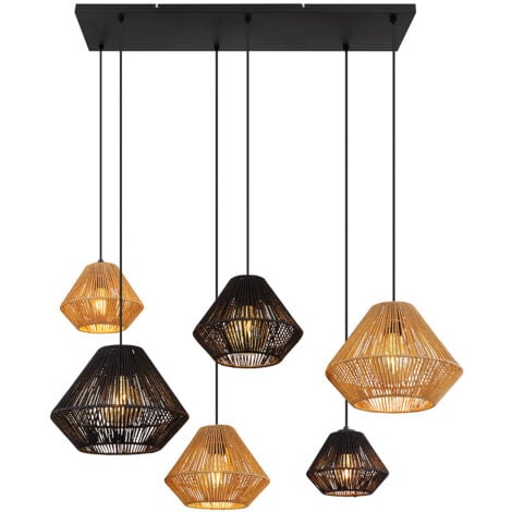 Lampe à suspension lampe de table à manger lampe de salon en corde naturelle style bohème, métal corde naturelle beige noir, 6x E27, L x H 102 x 120 cm