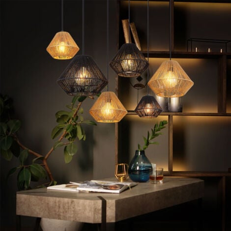 Lampe à suspension lampe de table à manger lampe de salon en corde naturelle style bohème, métal corde naturelle beige noir, 6x E27, L x H 102 x 120 cm
